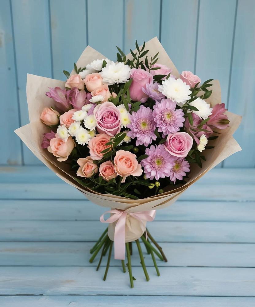 Букет цветов из: Хризантемы, Розы и Альстромерии в Преображение