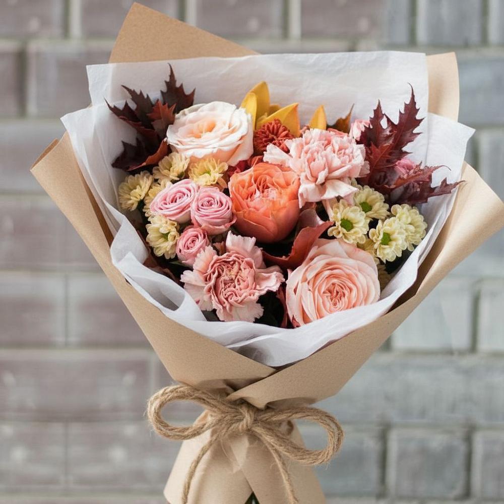 Букет цветов из: Гвоздики, Хризантемы и Розы в Преображение