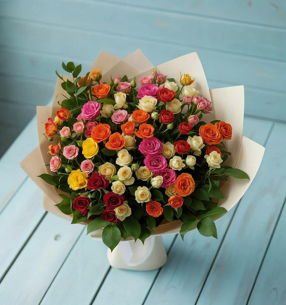 Букет Микс из разноцветных кустовых роз в Преображение