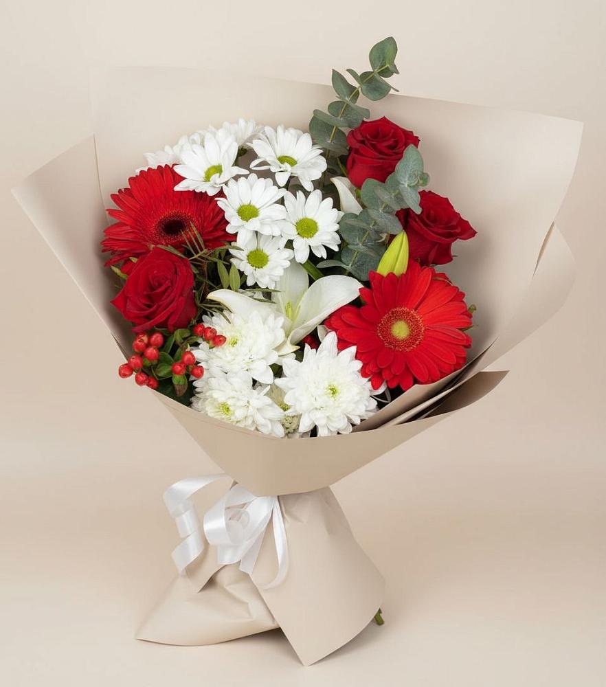 Букет цветов из: Розы, Хризантемы, Герберы и Лилии в Преображение