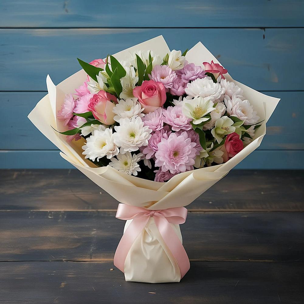 Букет цветов из: Хризантемы, Альстромерии и Розы в Преображение